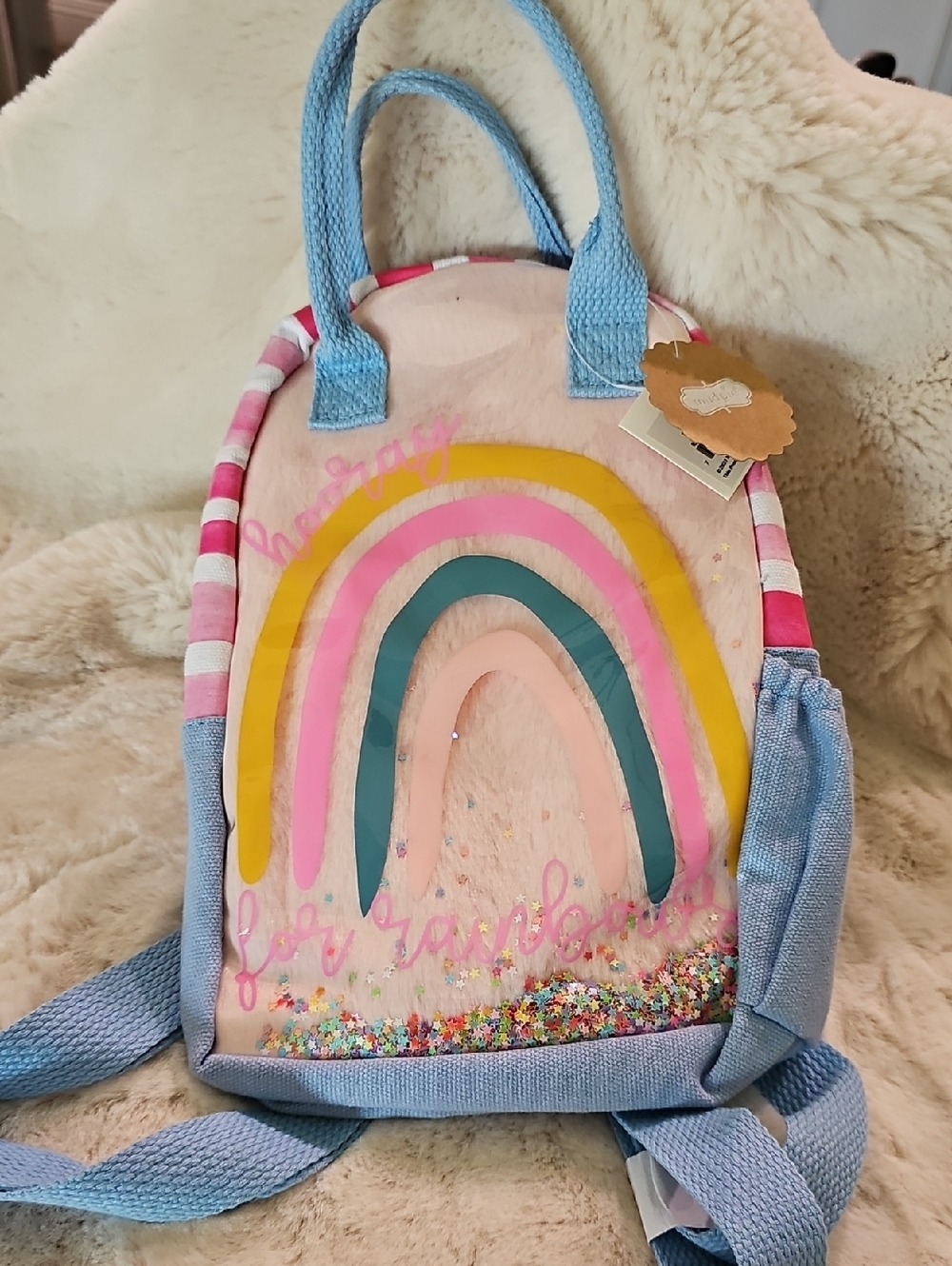 Mud Pie Pastel Rainbow Kids Backpack in Pink, Blue and Yellow